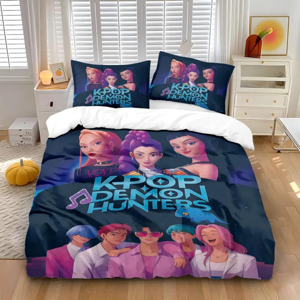 KPop D-Demon Hunters Ložní souprava Jednolůžková Halloweenský kostým Ložní souprava - 2-3dílná Přikrývka Prošívaná přikrývka Povlak na přikrývku Sady povlaků na polštáře
