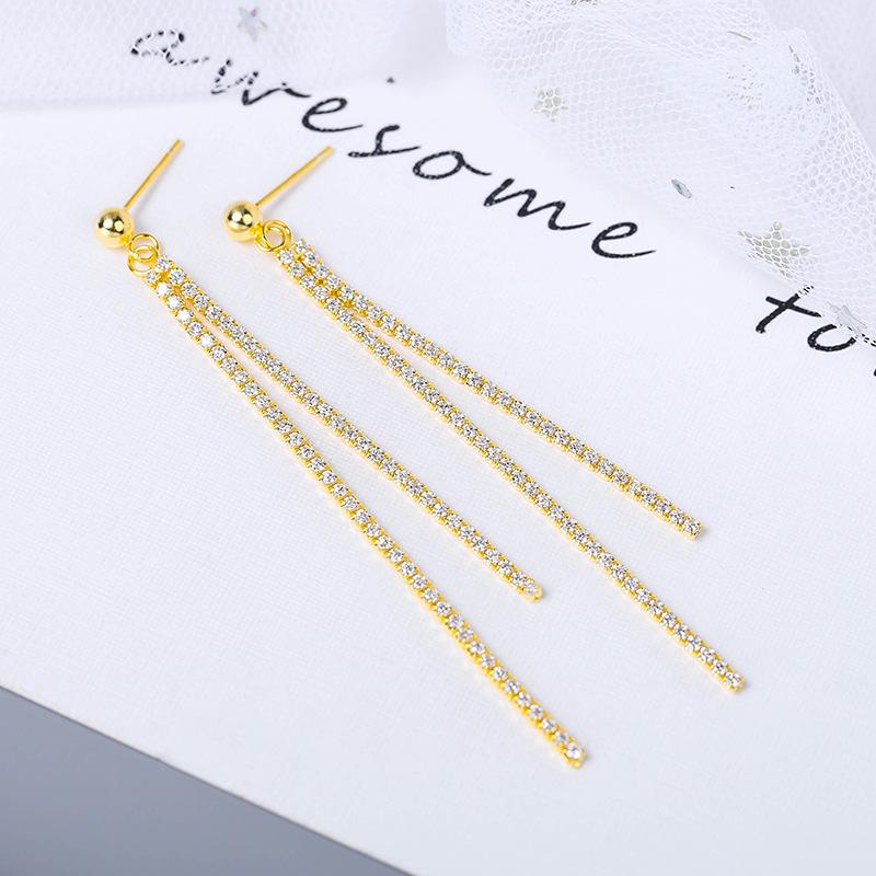 SuChuang Gold Inlaid Sterling Silver Tassel Rhinestone Earrings for Girls - High-End Light Luxury Personalized Studs S925 Sterling Silver