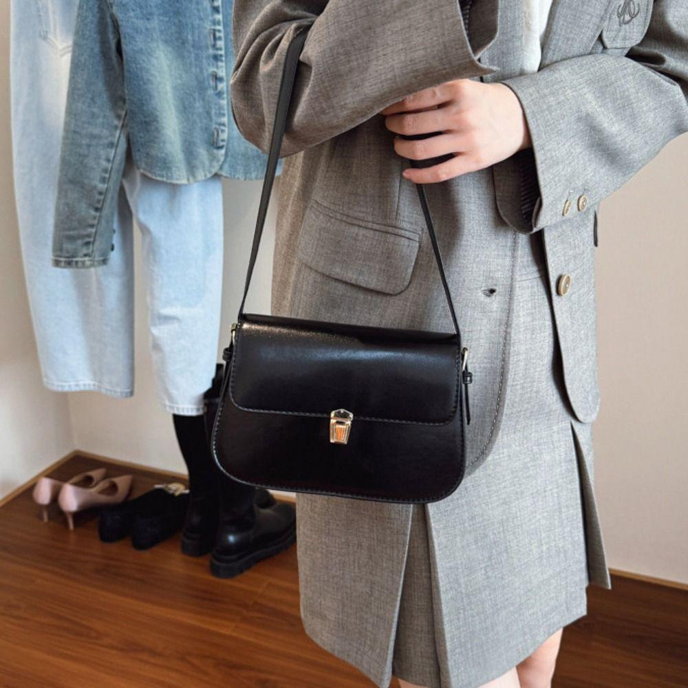 Solid Color Buckle Shoulder Bag Vintage Women's Armpit Bag Portable Retro Underarn Bag  Female