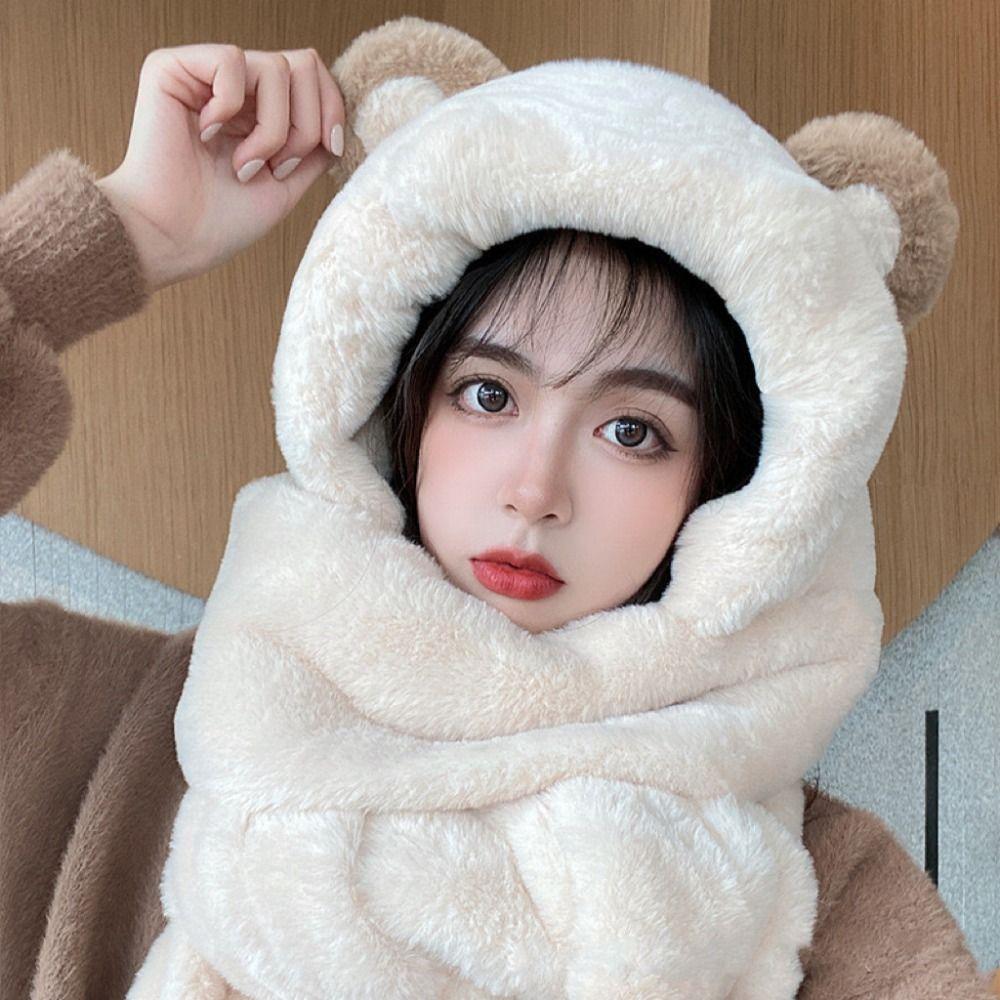 Cute Cartoon Bears Ears Plush Hat Warm Soft Hat Scarf Gloves Set Windproof Ear Protection Cap Women