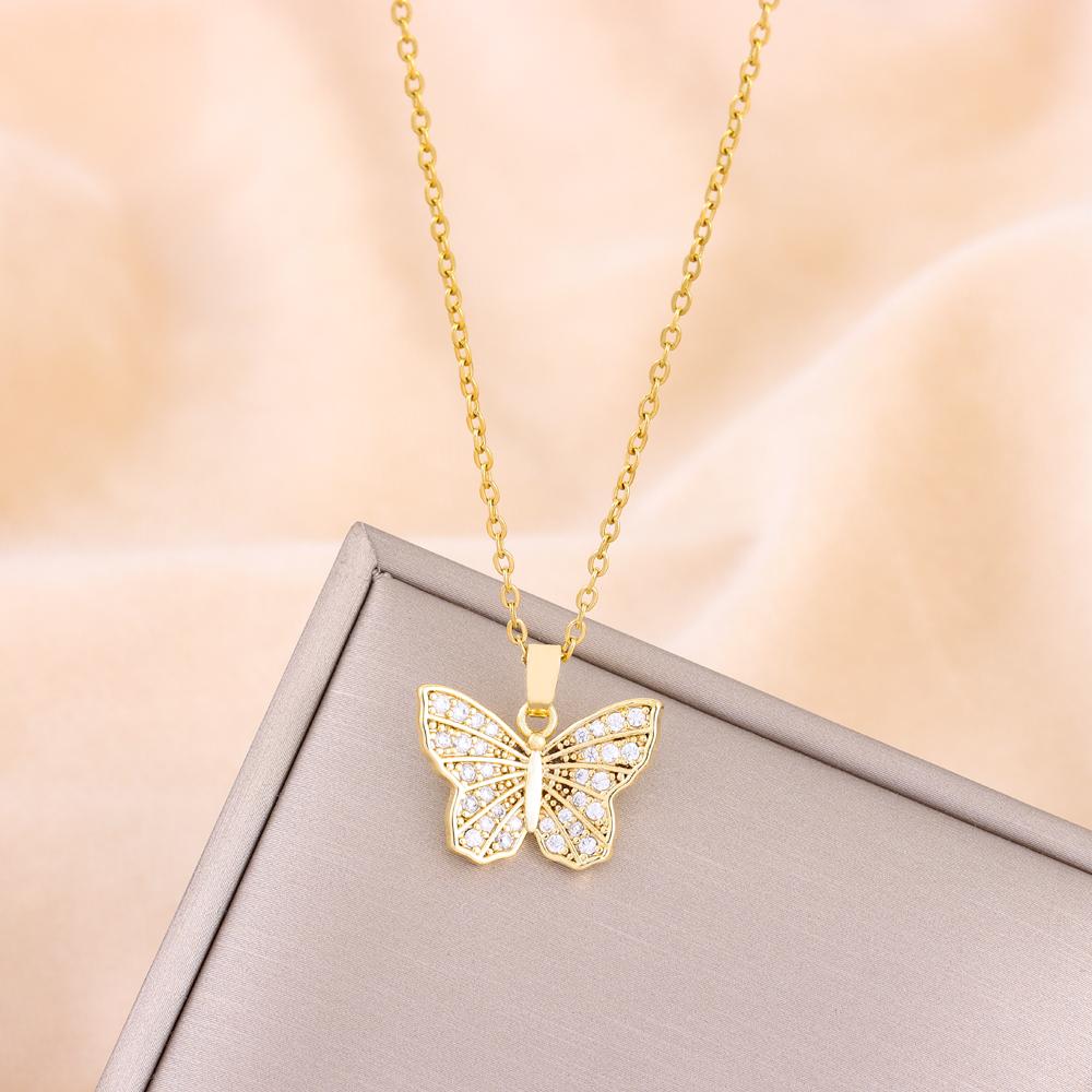 New Gold Plated Sweet Zircon Crystal Butterfly Pendant Necklaces For Women Trendy Ladies Stainless Steel Neck Chain Jewelry
