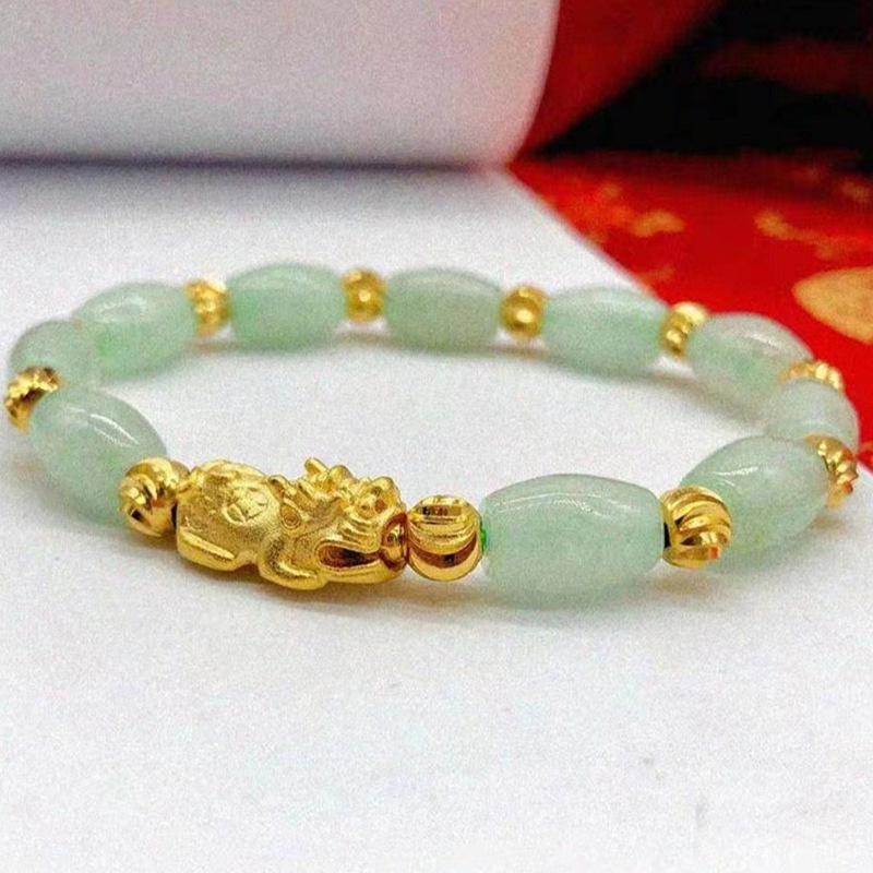 Vietnamese Sand Gold Jade Pixiu Bracelet for Men and Women - Copper Gold-Plated Beads, Imitation Hard Gold Pixiu Design.