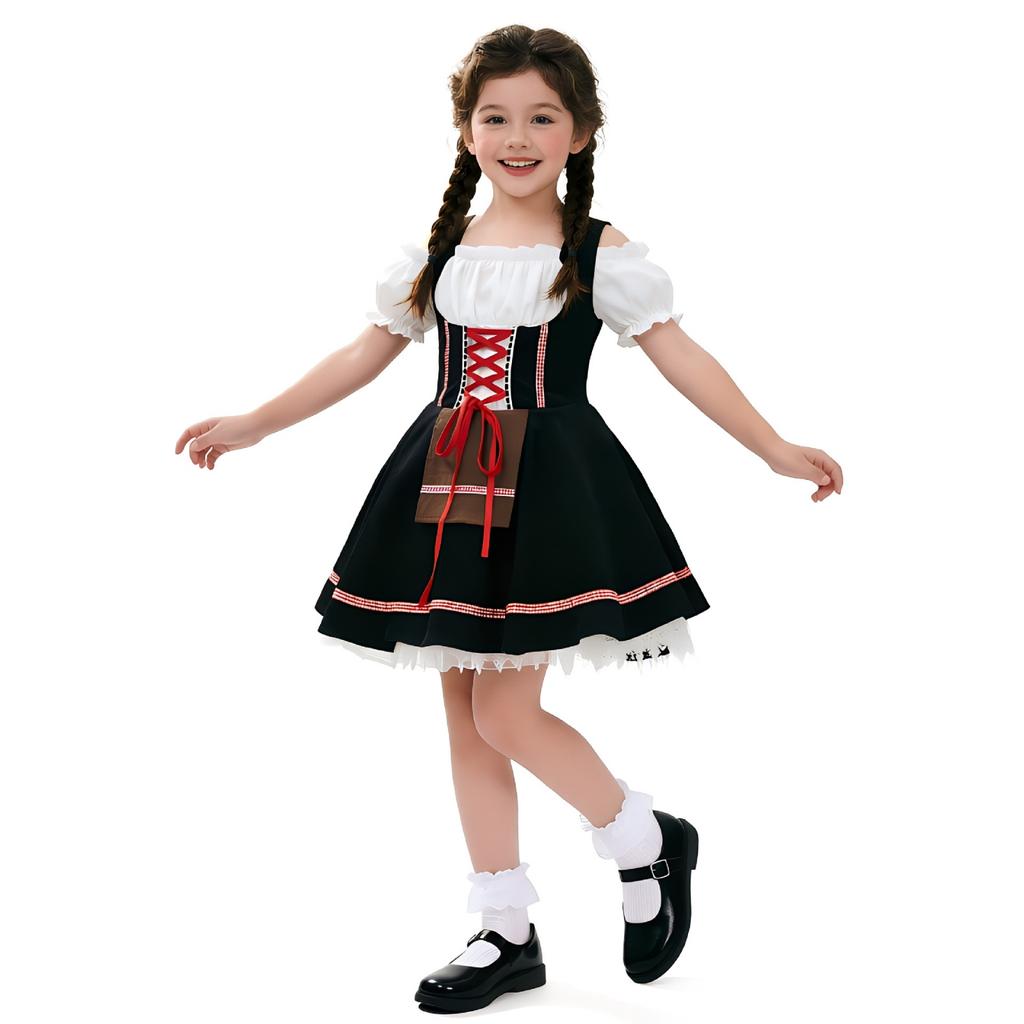 Girls Traditional Festival Dress Costume Kids Bavarian Style Party Outfit with Puff Sleeves and Apron for Celebrations and Events