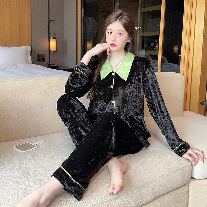 Women's French Luxury Pajama Set: Gold Velvet Long-Sleeved Top & Pants for Autumn/Winter