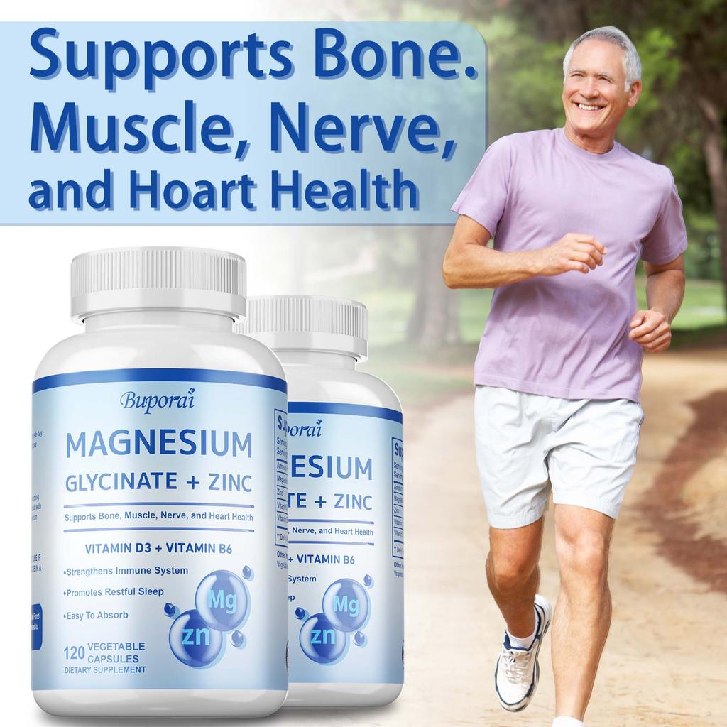 Magnesium Glycine Capsules, Containing Zinc, Vitamin D3, and B6 Extracts, Help Relieve Leg Cramps and Relax Muscles.