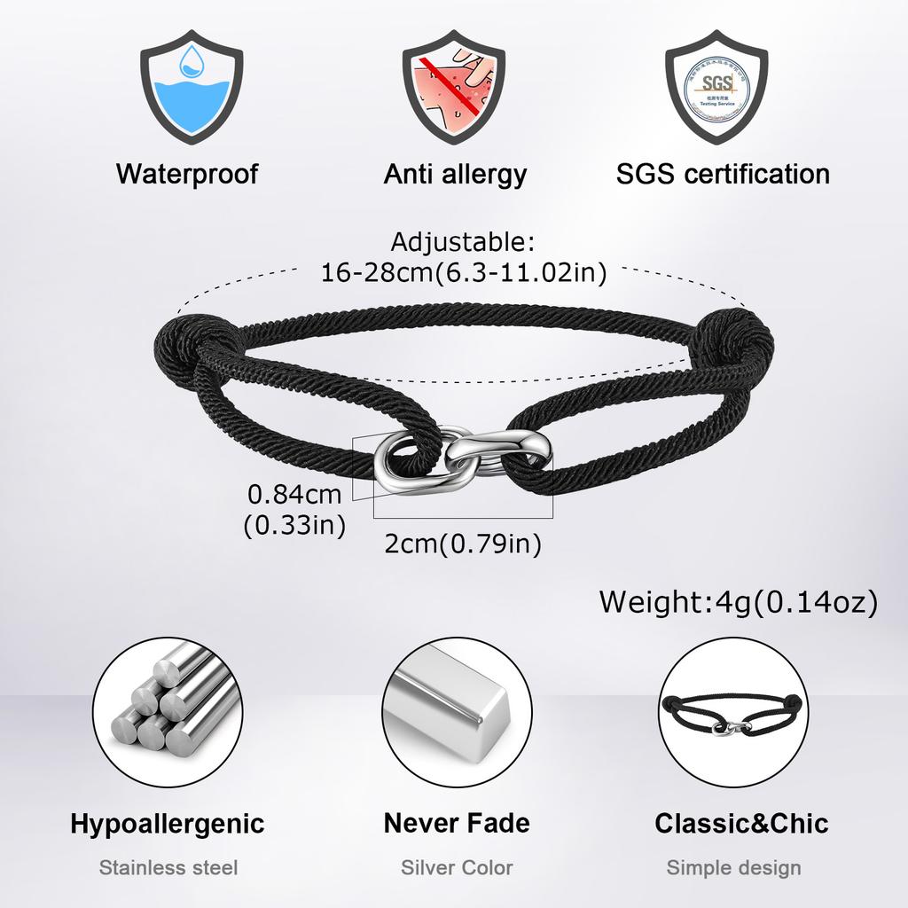 Black Milan Rope Bracelet for Men,Stainless Steel Double Ring Adjustable Bracelet,Trendy Jewelry Gift