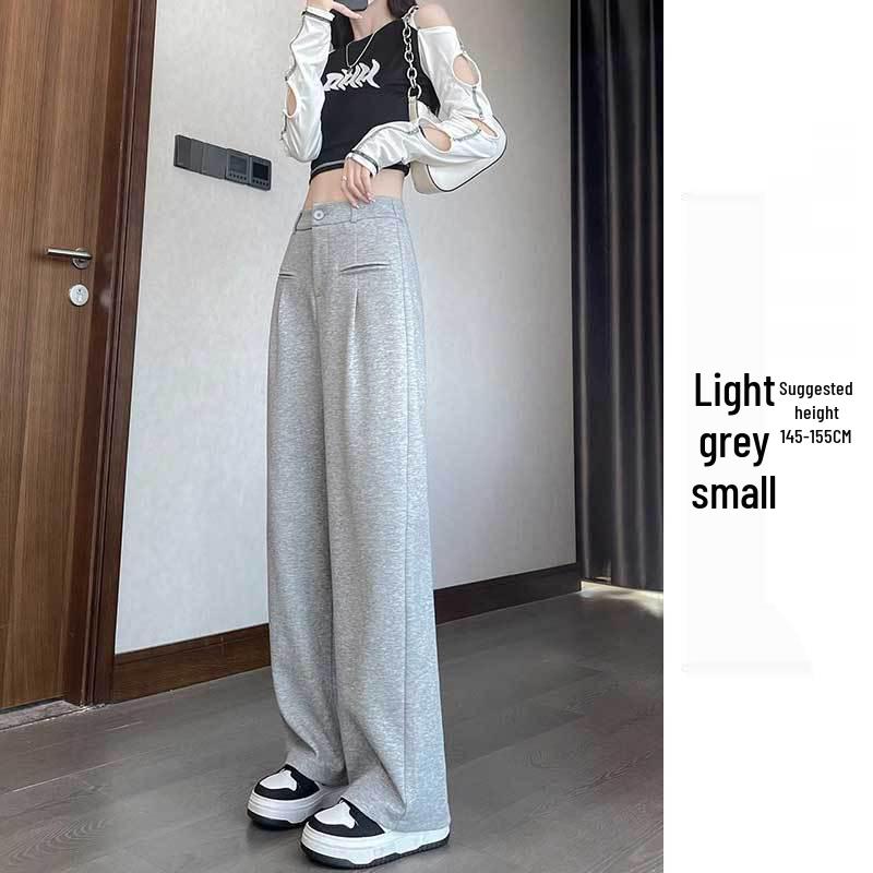 Petite Gray Wide Leg High Waist Pants for Women - Spring/Autumn