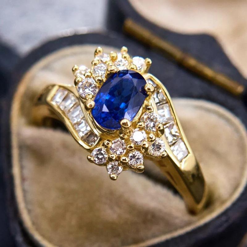 Court old money ring female, imitation sapphire oval oblique, premium ring