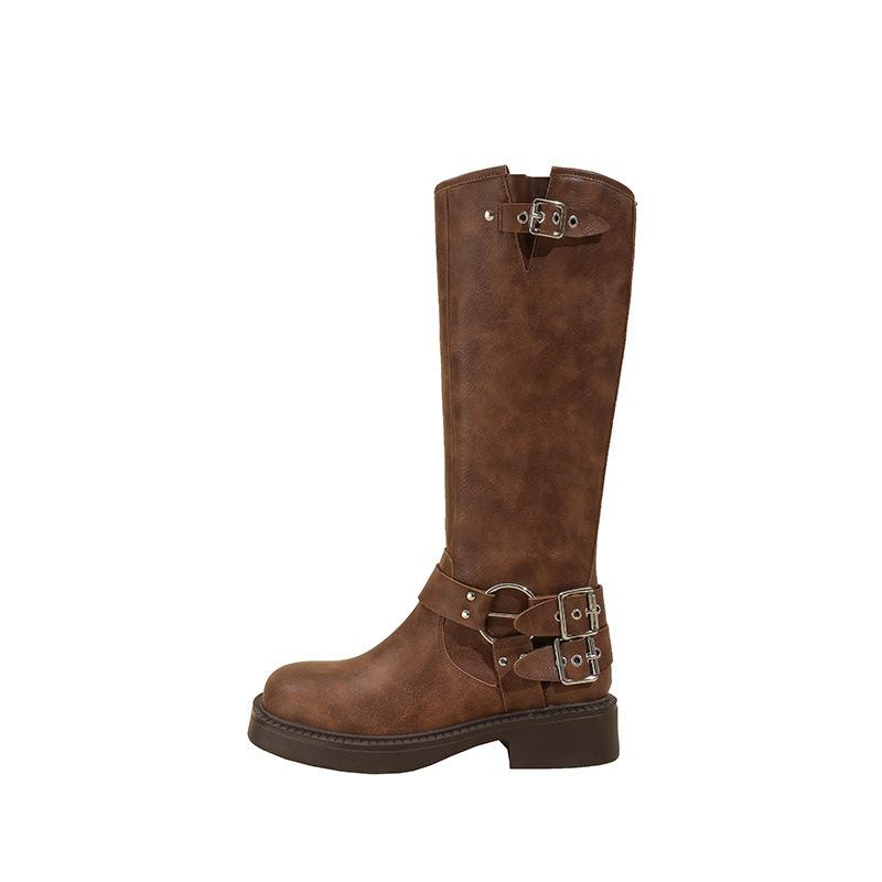 Western Cowboy Vintage Maillard Women's Boots Leather Coarse Heel Tall Boots Square Head Sleeve Knight Boots Brown Fashion Boots