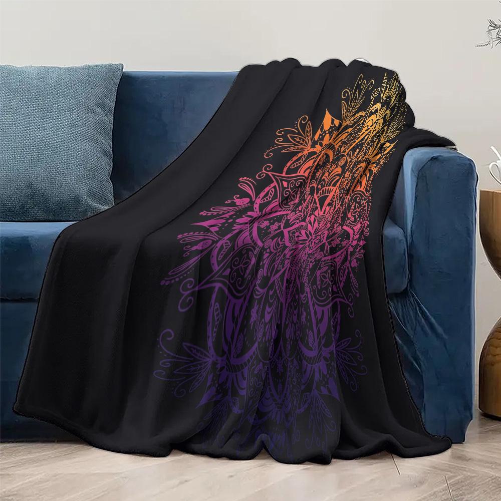 Black Mandala Pattern Fleece Blanket - Bohemian Decorative Throw Blanket - Psychedelic Rainbow Geometric Print Bed Throw Cushion