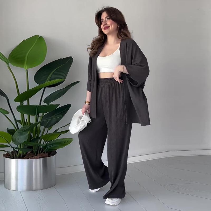 

2024 Осень Женский Однотонный Повседневный Костюм-Двойка – Простые и Удобные Длинные Брюки L чёрный