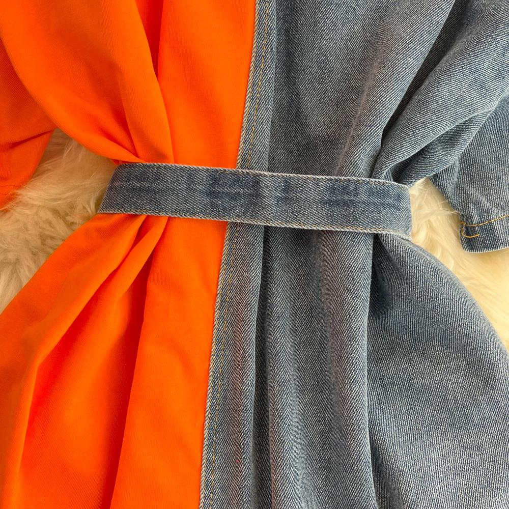Elegant sommer Dame Patchwork dongeriskjorter Vintage Casual Slanke bluser Topper med belte Kvinnelig Mote Pullover Klær Nyhet