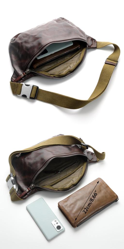 IJUN Men's Vintage Body Bag - Handmade Vegetable-Tanned Leather, Size Small