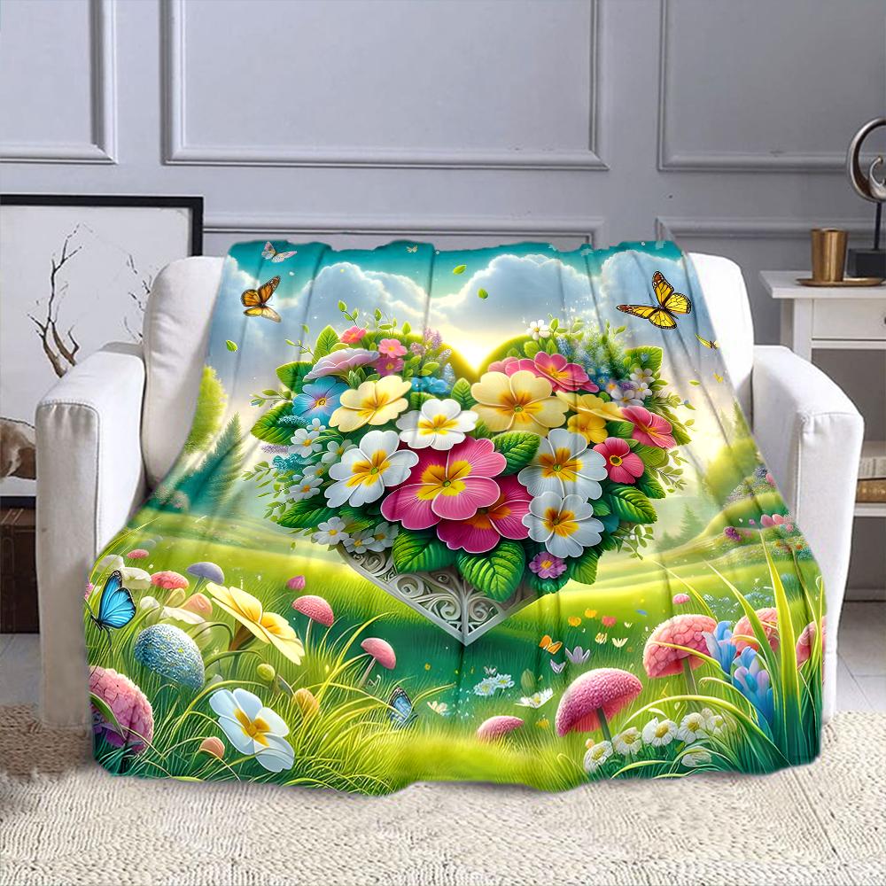 Colorful Floral Heart with Butterflies Patterned flannel blanket perfect for the bedroom living room, sofa, or a little nap