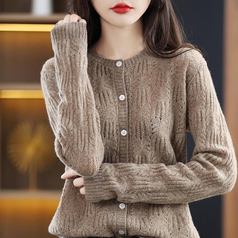 Women's Fashionable Autumn Wool Cardigan Coat - Round Neck, Knit, Hollow Design Cashmere Sweater