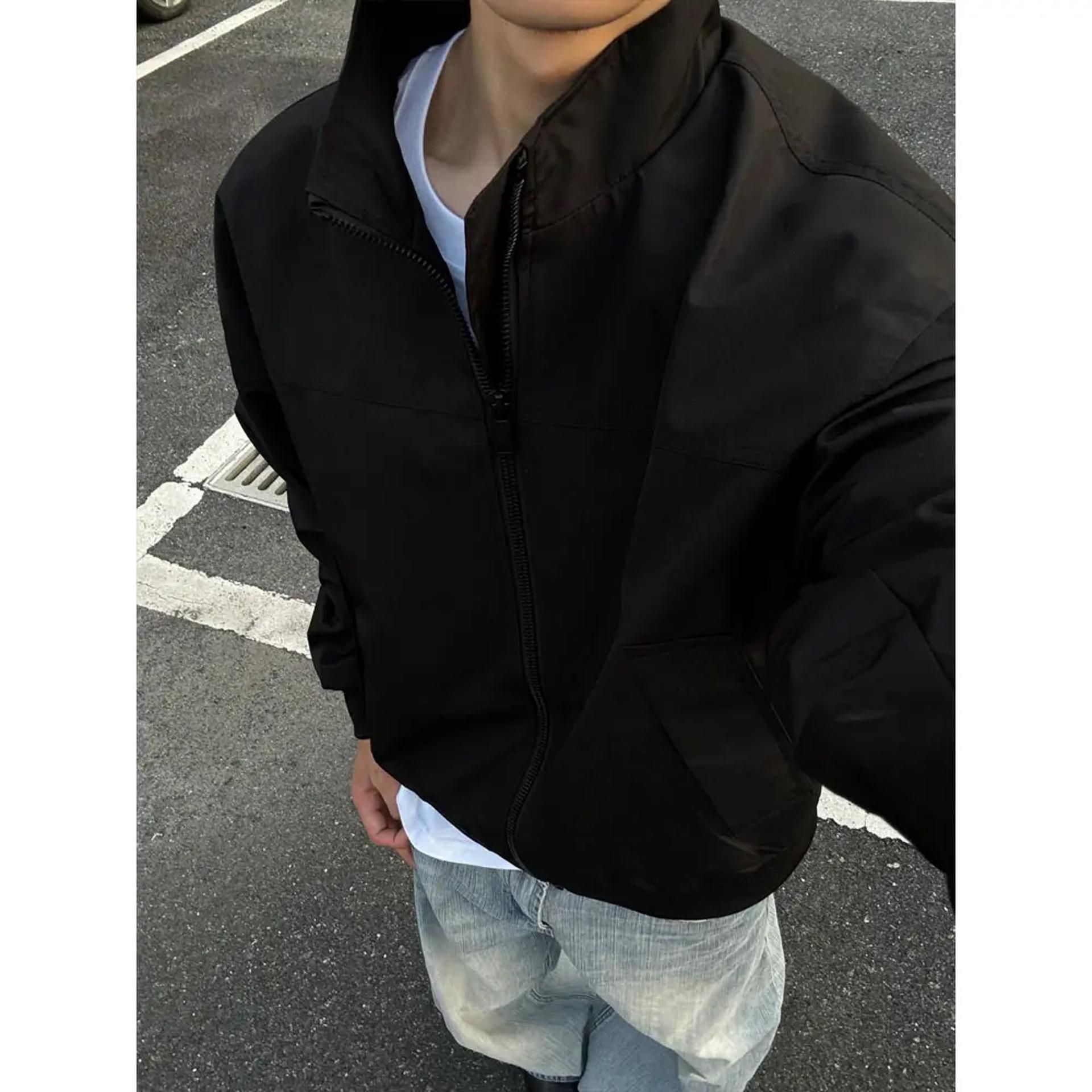 

Бомбер черный куртка-бомбер мужская осенняя короткая воротник-стойка бейсбольная форма клинфит американская плечевая куртка XL