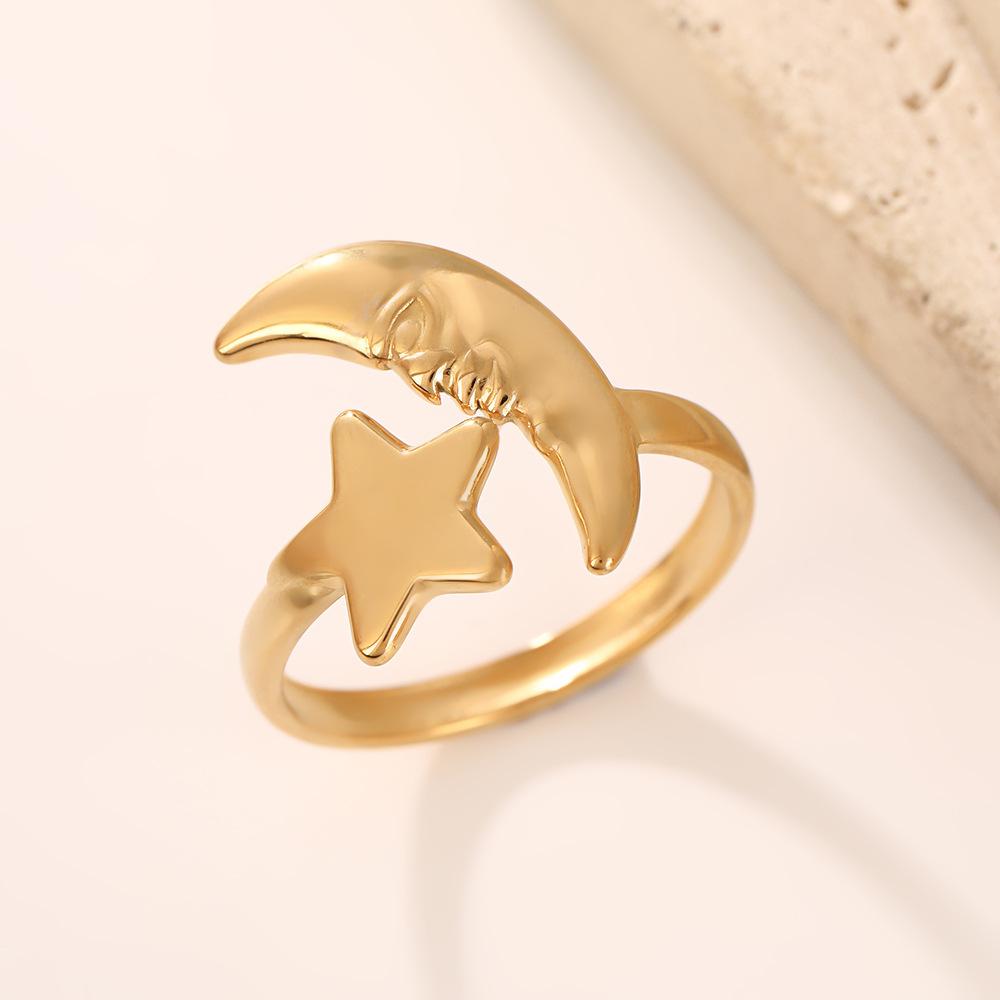 Stainless Steel Gold Color Rings Women Trendy Heart Moon Star Snake Open Rings Geometric Zircon Birthday Gift Wholesale