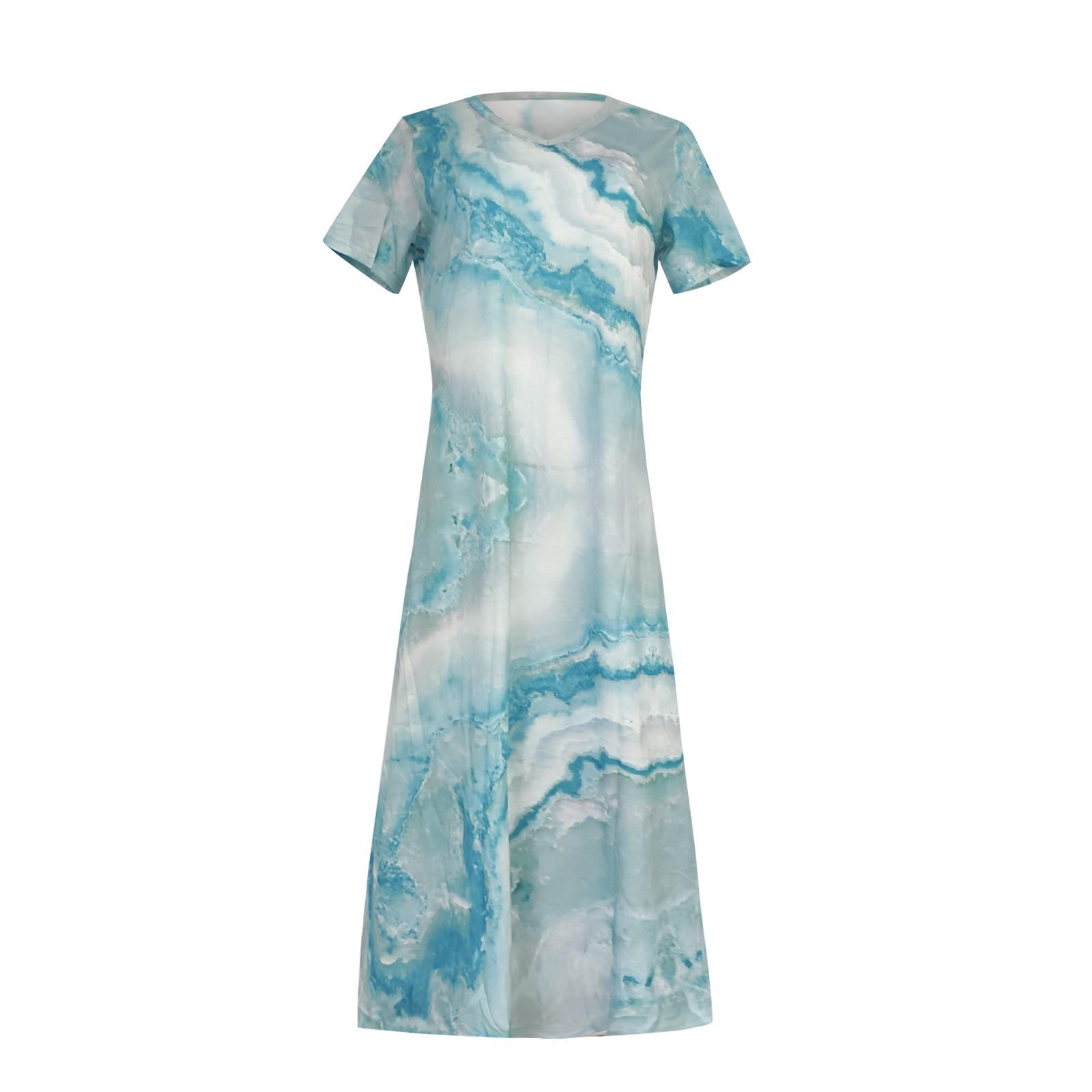 

Модное женское платье с V-образным вырезом и коротким рукавом с принтом, свободное повседневное платье с боковым разрезом XXXL небесно-голубой