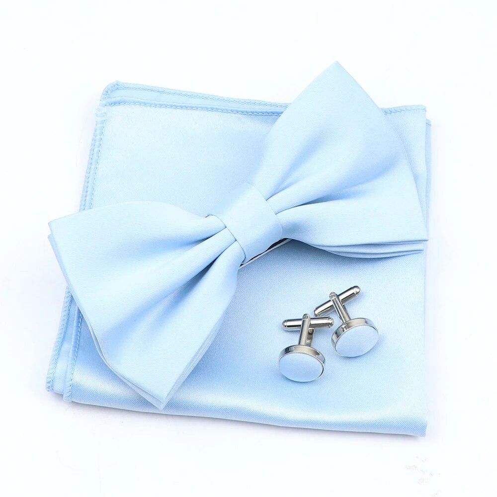 Einfarbiges Herren-Fliege-Taschentuch-Manschettenknopf-Set aus Polyester, Schmetterling, Hochzeit, Party, Abendessen, Zubehör