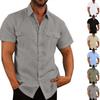 Summer Men's Short-sleeved Shirt Solid-colour Patch-pocket Cardigan Loose-fitting Lapel Linen Shirt