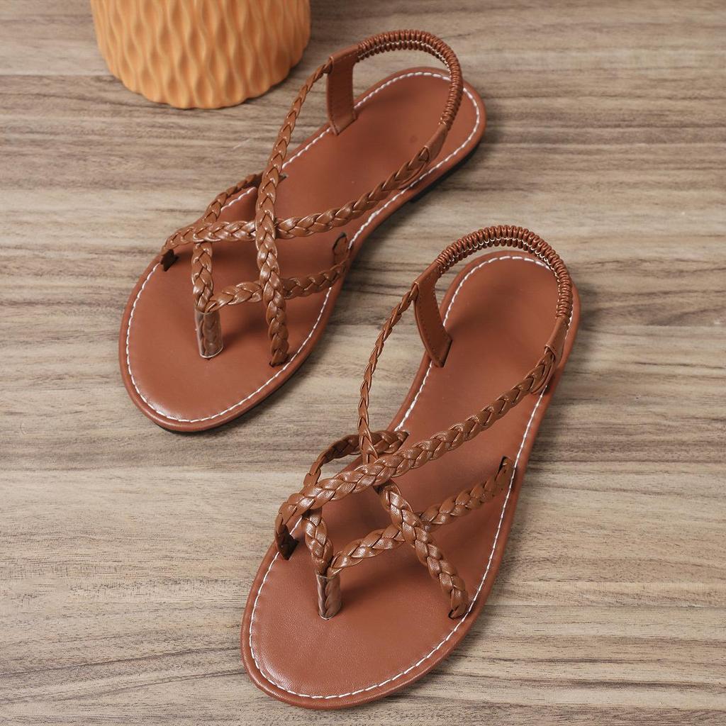 2024 Women's Large Size Toe Post Flat Sandals - Summer Woven Hollow Slip-On Design