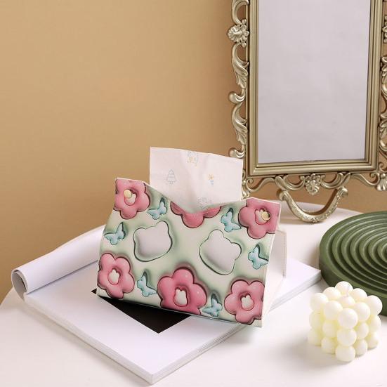 Bedruckte Taschentuchbox mit 3D-Cartoon-Blumenmuster, Knopfverschluss, Kunstleder, tragbar, für Wohnzimmer, Büro, Auto, Seidenpapierspender, Serviettenbehälter