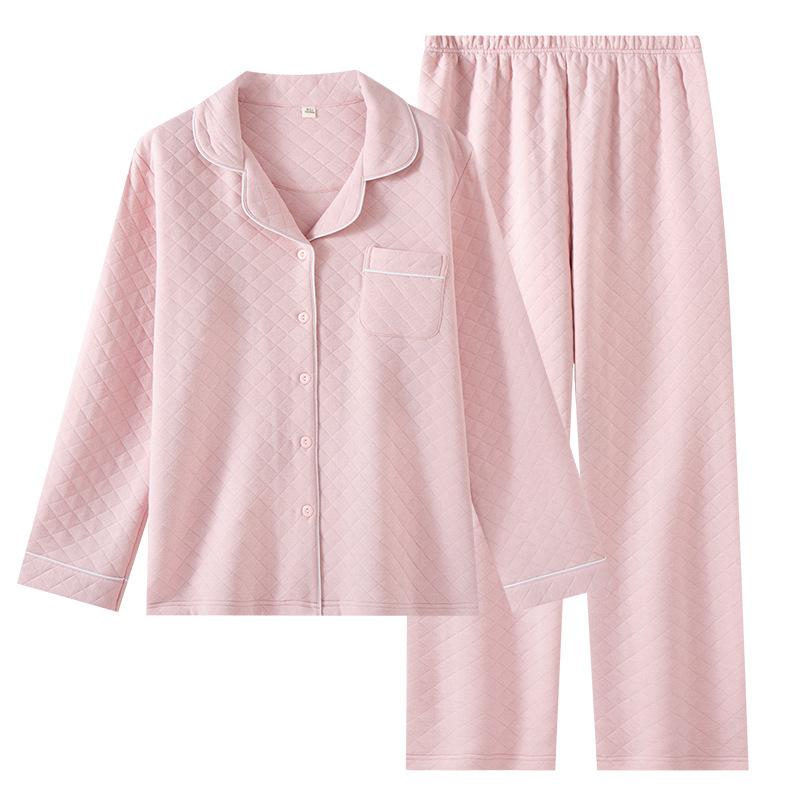 Couple pajamas women's autumn and winter air layer padded cotton simple solid color homewear men's printless pure cotton homewear