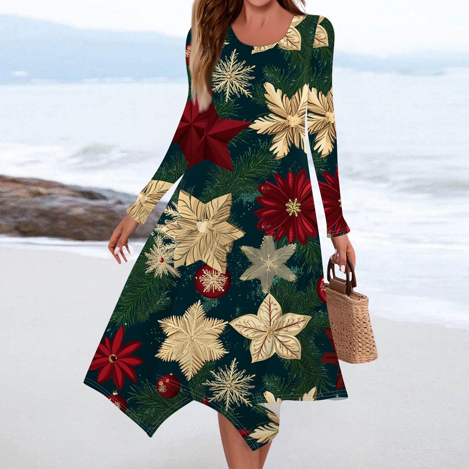 

Женское повседневное облегающее платье с круглым вырезом и длинным рукавом с рождественским принтом и неровным подолом в складку XXL