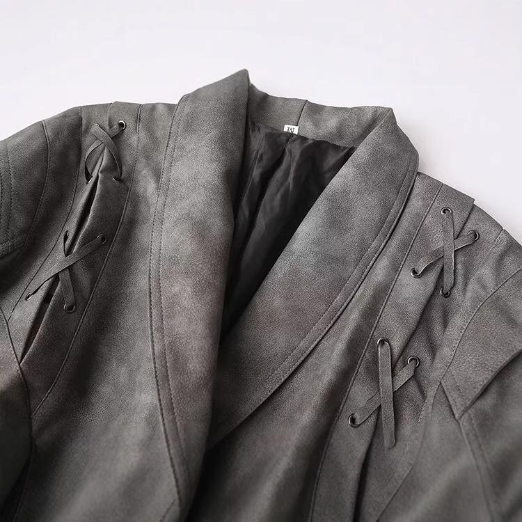 Spring 2025 Women's Retro Shawl Collar Leather Jacket with Belt - European & American Style