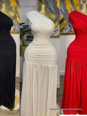 Damen Frühlings Ärmelloses Asymmetrisches Dekolleté Plissiertes Schlankes Maxikleid mit Schlitz in Einfarbig