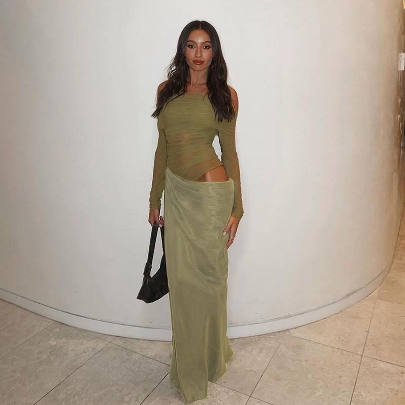 European & American Women's One-Shoulder Mesh Patchwork Evening Gown