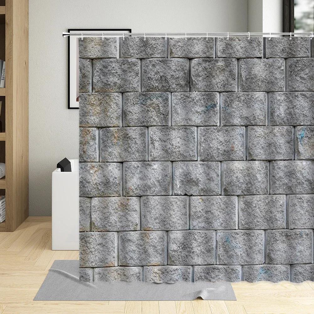 Stone Wall Brick Texture Shower Curtain Set Retro Geometric Red Gray White Bathroom Decor Bathtub Screen Curtains Polyester Hook