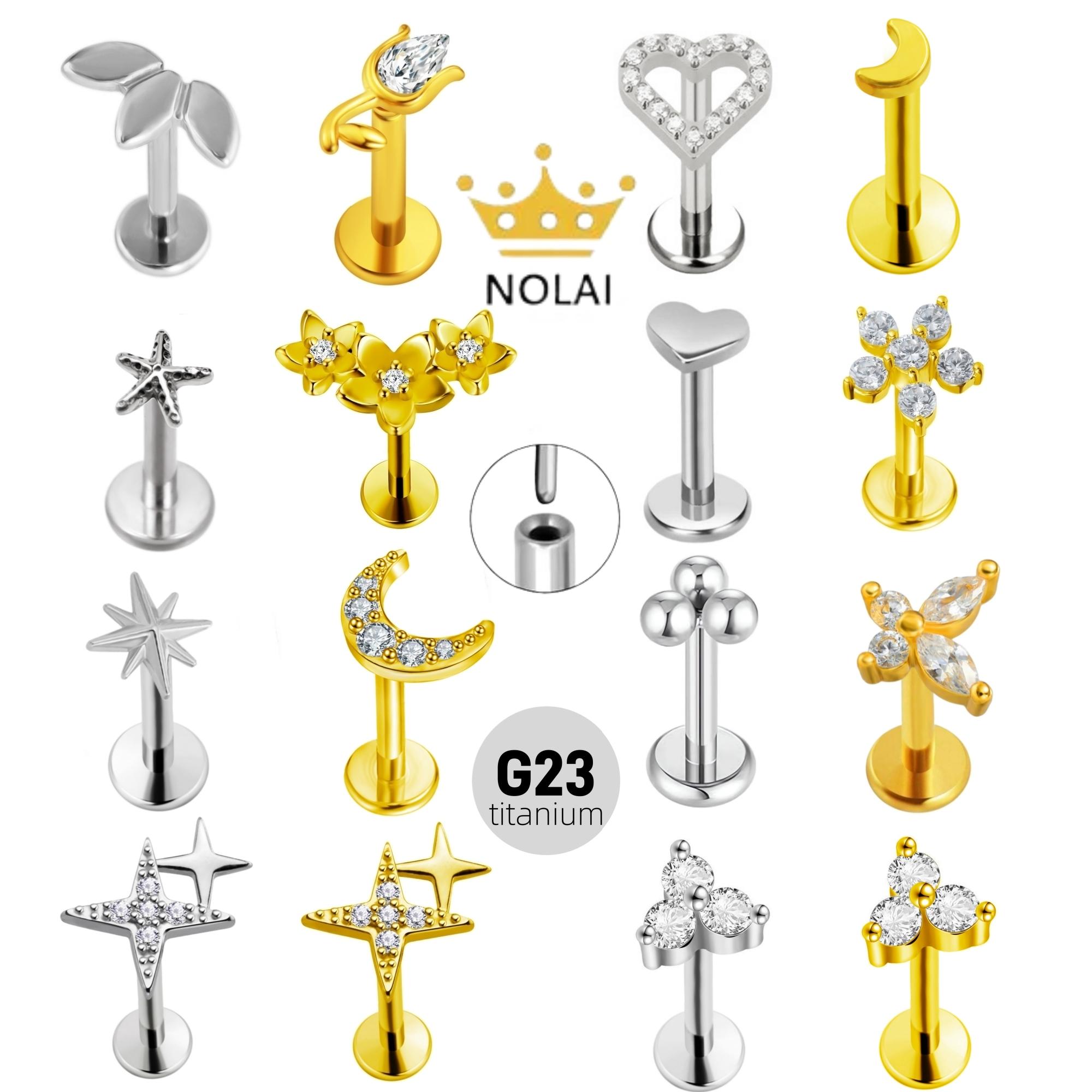 Lucky Star Jewelry Women's Gold G23 Titanium Threadless Piercing16g/18G/20G Heart Shape Flower Push Pin Labret Lip Ring Stud Piercing Earring Zircon