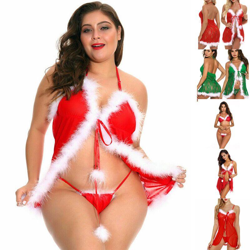 Luxurious Women Sexy Lingerie Red Babydoll Nightwear Santa Christmas Sleepwear G-string Set