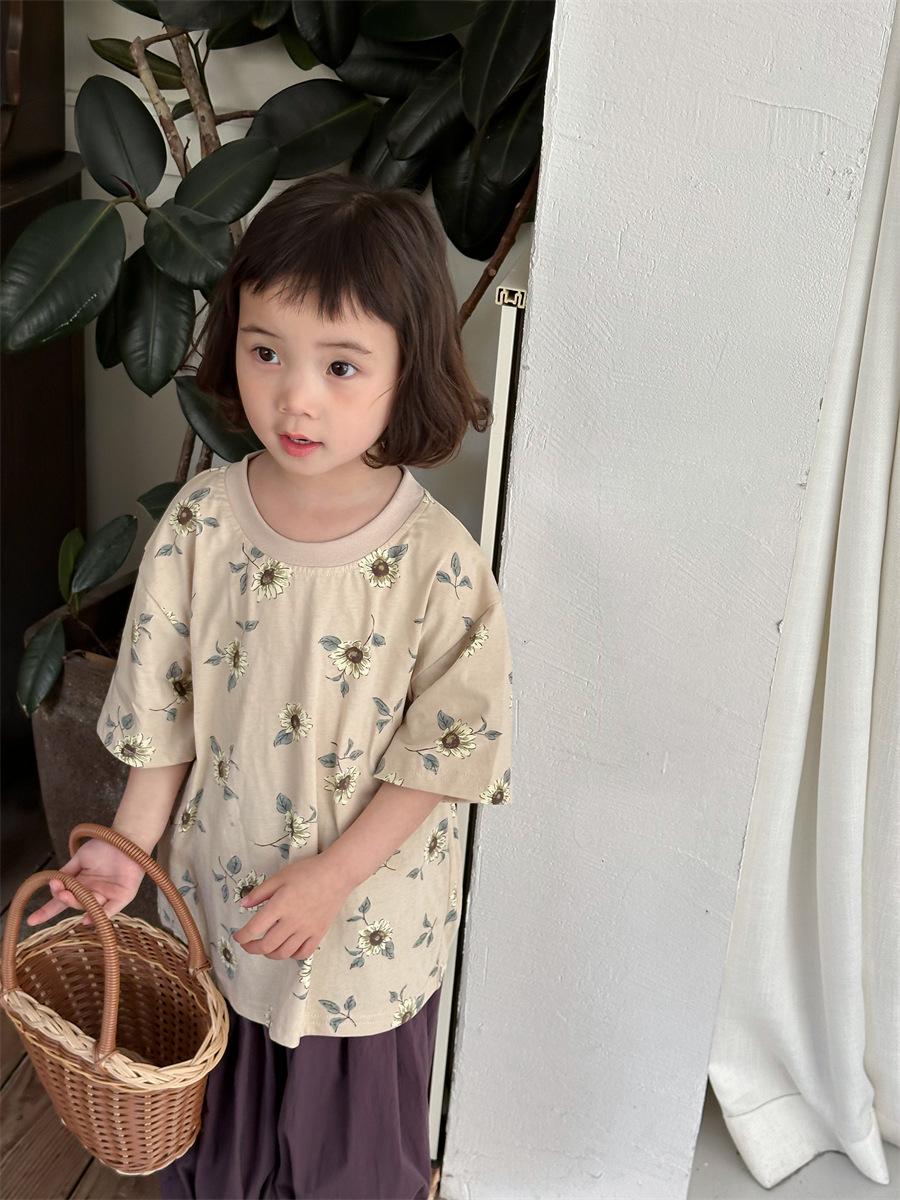 

Jiaye Tongpin 2025 Kids Floral Print Short-Sleeve T-Shirt - Unisex Loose Fit Fashion 80 cm брудно-білий