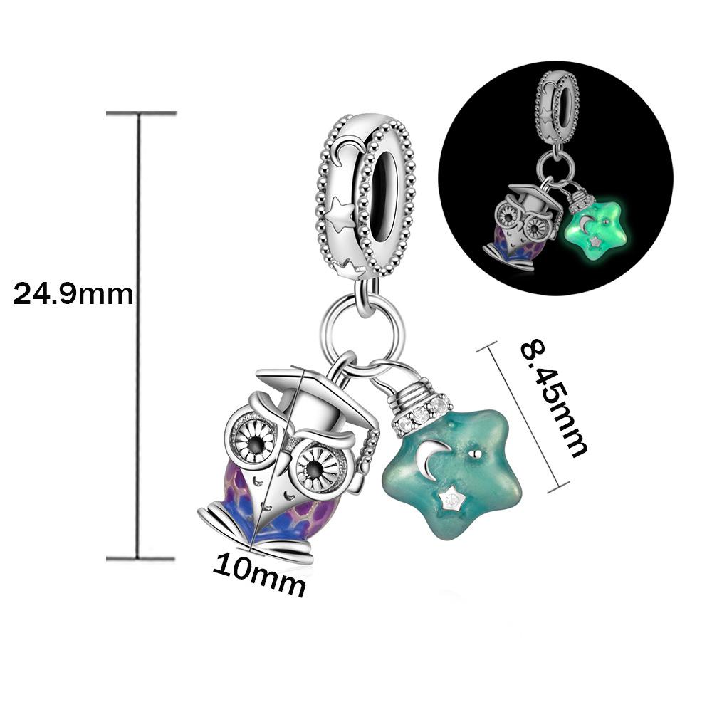 

S925 Silver Glow In The Dark Stars Scholar Owl Two In One Pendant Bead Bracelet Necklace Graduation Season DIY Loose Bead Accessory