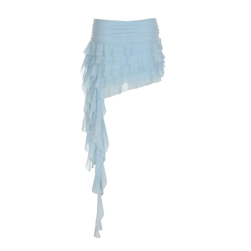 

H Home European and American Women s Clothing Baby Blue Asymmetrical Ribbon Ruffles Skirt Pure Elegant Seaside Mesh Pantskirt Light blue S