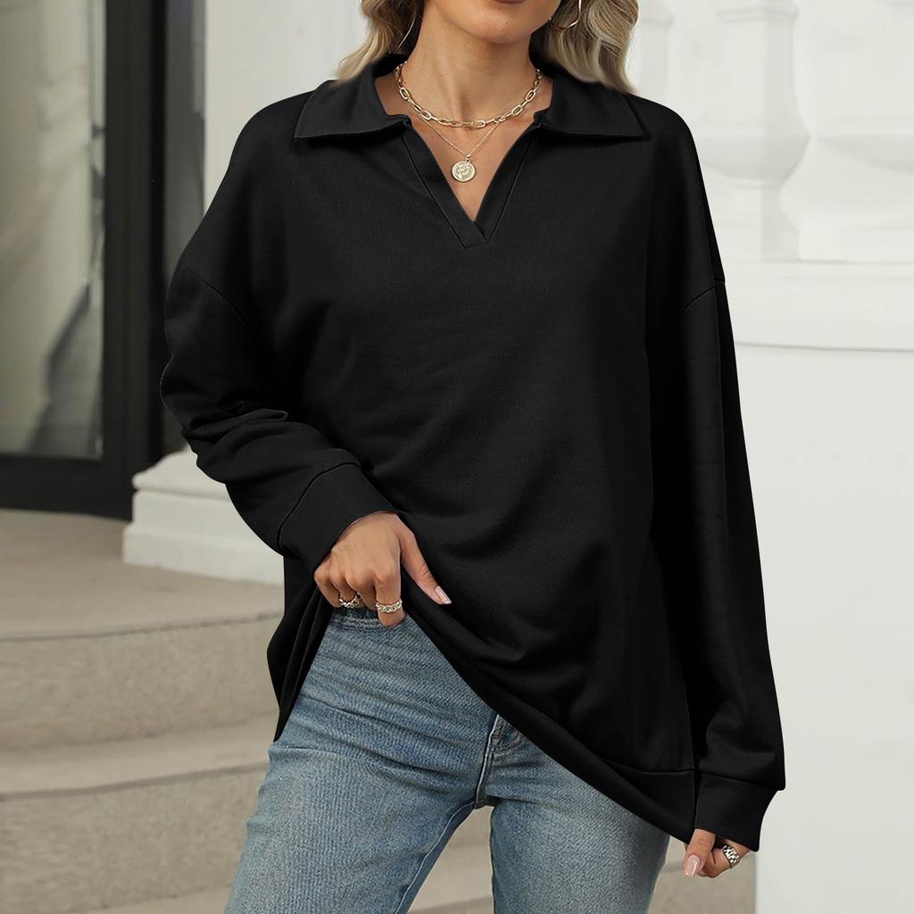 Women's Fashion Oversized Solid Color V-Neck Sweatshirt Long Sleeve Casual Top