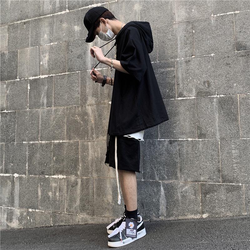 Dark Trendy Oversized Men's Hip-Hop Hooded Short-Sleeve Korean Style T-Shirt