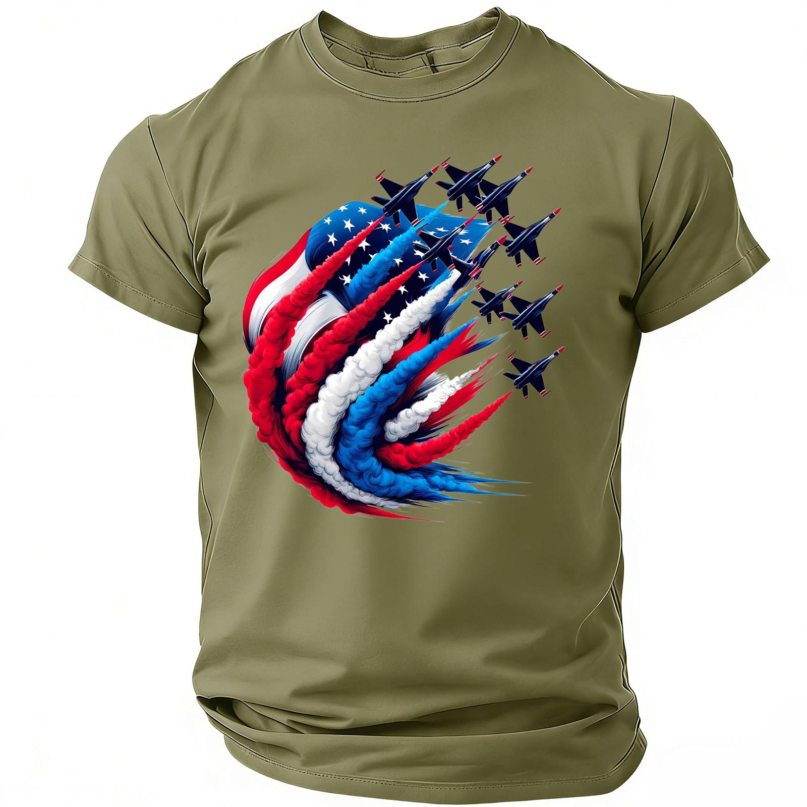 

Short Sleeve Crew Neck T Shirt with Aircraft and Flag Graphic Print Casual Fit Soft Breathable Material for Men Women L армия зеленый