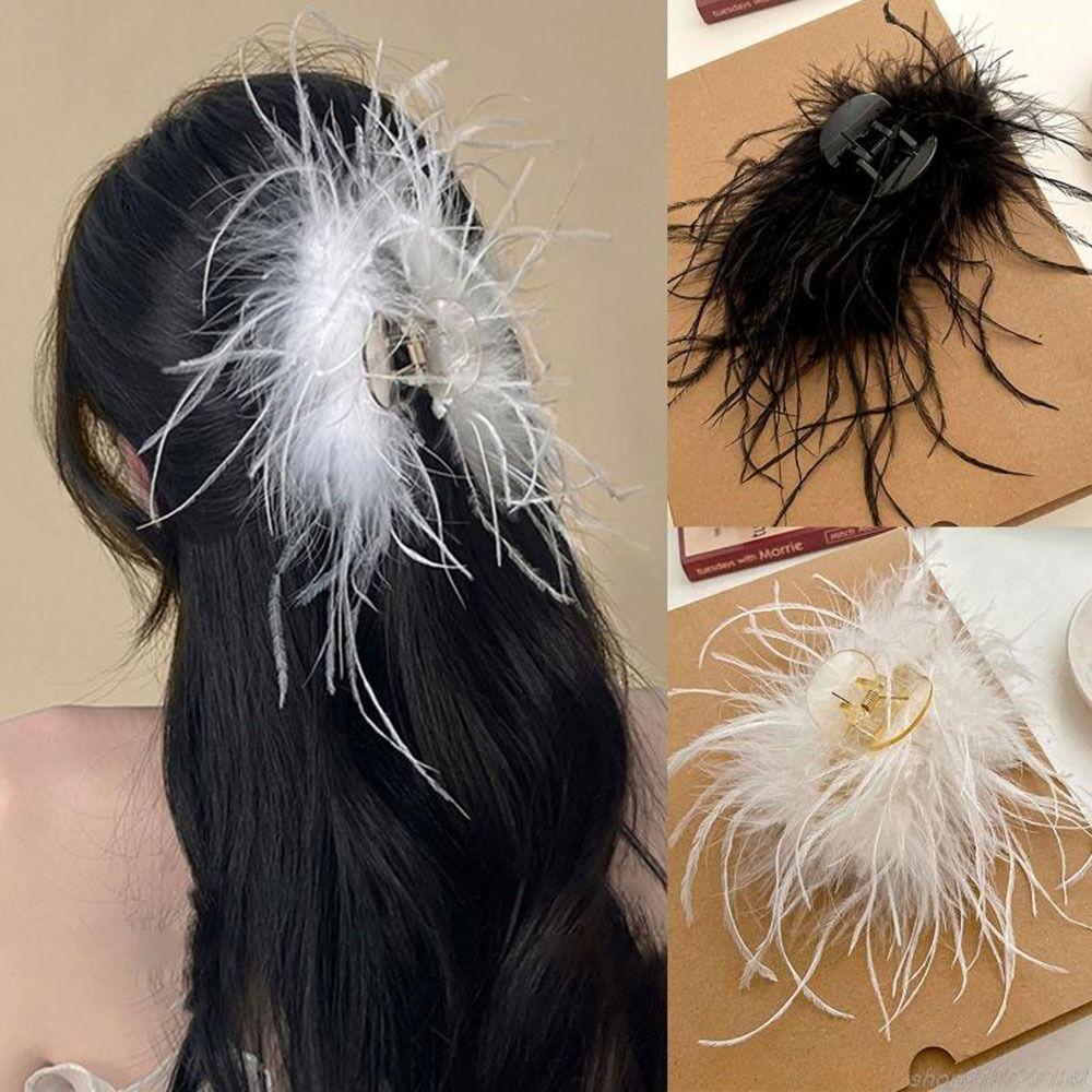 

2 PCS Black New Fashion Women Shark Clip Ostrich Feather Hair Clip Hair Claw Headwear