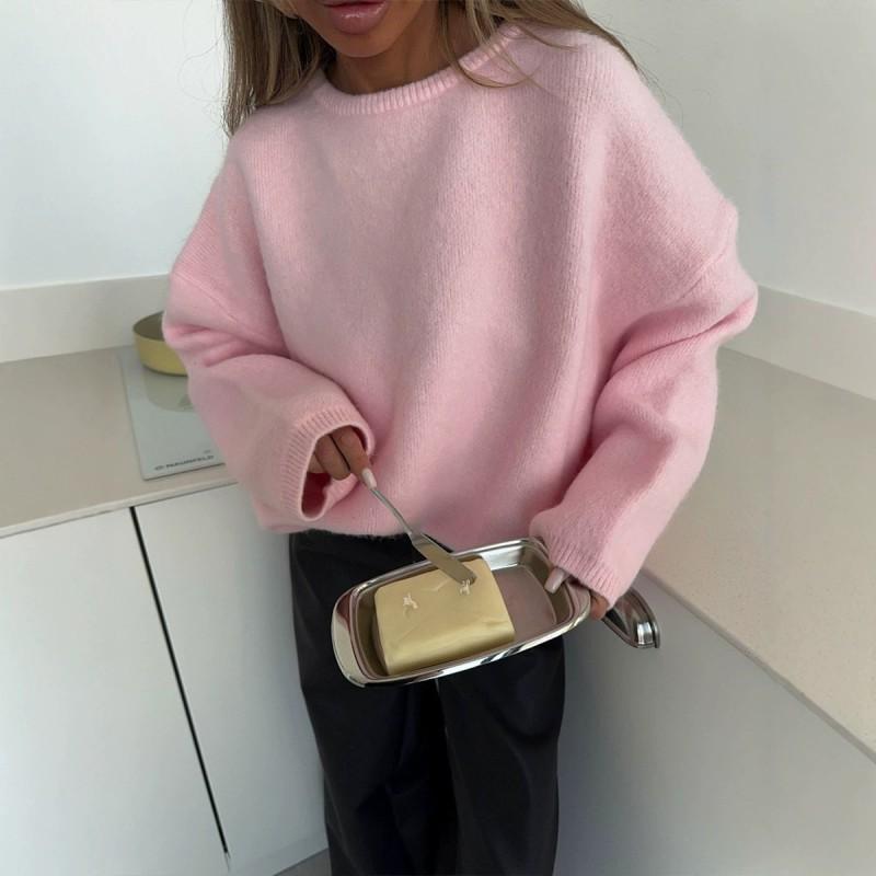 2026 Womens Soft Solid Color Round Neck Long Sleeve Knit Sweater Loose Fit Casual Elegant Style