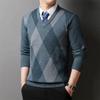 Winter Warm Men's Plaid V-neck Long Sleeved Sweater Knitted Sweater Fashion Casual Versatile Top