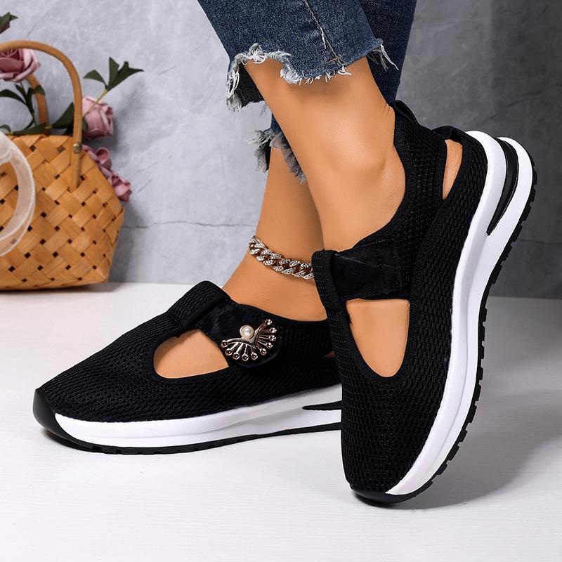 Fashion Jewel Metal Comfort Light Sneakers Women Hollow Out Breathable Mesh Shoes Woman Summer Thick Sole Non Slip Platform Casual Shoes