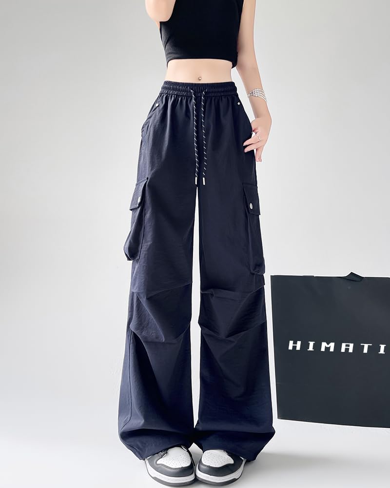 HIMATI Cargo Long Wide Leg Cargo Pants with Loose Hip Hop Stylish Bottoms Navy Size M Women's Pants, Pants, Pockets, Fit, Dance, - -