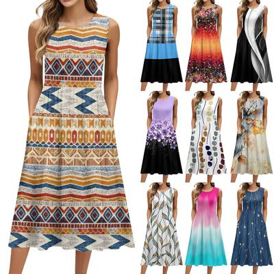 Vestido de mujer de moda con estampado floral retro, cuello redondo, sin mangas, informal, con bolsillo y largo medio