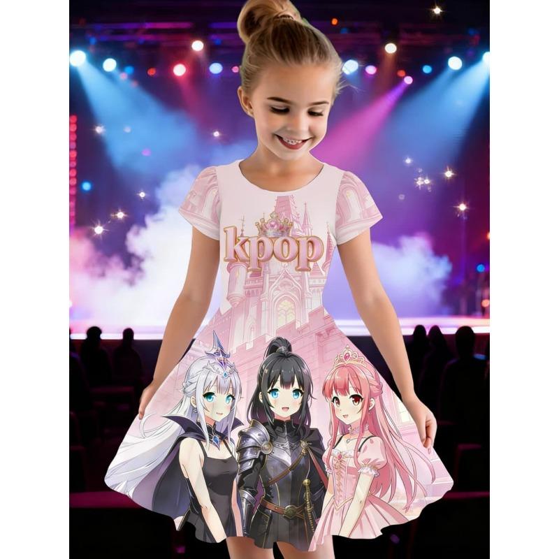 Dress for Girls Kpop Cartoon Graphic Funny Gift for Fan Harajuku Girl Clothes Summer Tops Short Sleeve Dress Children's Clothing