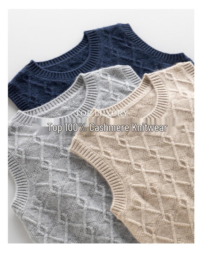 Autumn/Winter Women's Slimming Sleeveless Pure Cashmere Cable Knit Diamond Pattern Top