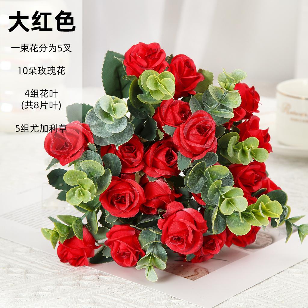 Artificial Bouquet Small Handle Rose Eucalyptus Leaves Home Decor Living Room Decoration Wedding Garden Simulated Flowers