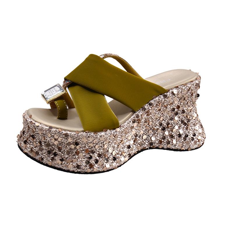 

Туфли на высоком каблуке для мужчин, украшенные стразами, женские летние туфли с покатым каблуком, прозрачная подошва с толстым дном, классные тапочки 39